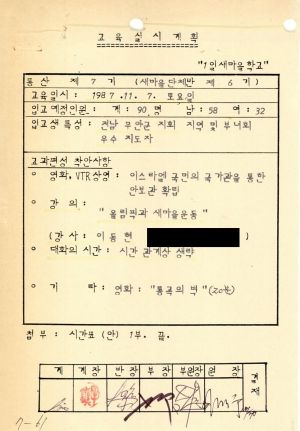 1987년 1일새마을학교(입교 교육실시계획) 통산 제7기 교육실시계획 및 입교현황