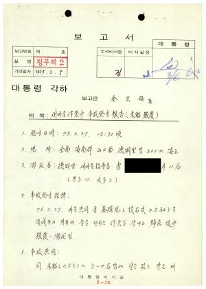 1975년 각급지원관계철- 새마을 작업중 사고발생보고(목선 전복) 1975.3.5 대통령비