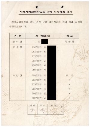 지역사회활력화교육과정 시상계획(안)  종합평가기록부  평가문제 및 답안