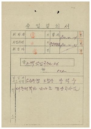 동막마을 대통령하사금 우수마을특별지원- 수입결의서(대통령각하 하사금 결산이자) 1973.4