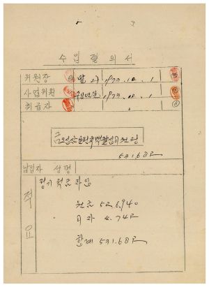 동막마을 대통령하사금 우수마을특별지원- 수입결의서(정기적금차입) 1973.10.1