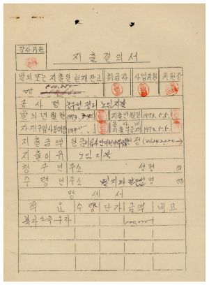 동막마을 대통령하사금 우수마을특별지원- 지출결의서(논두렁정리노임지불) 1973.3.24