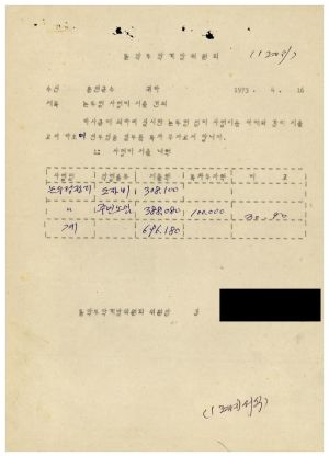 동막마을 대통령하사금 우수마을특별지원- 논두렁사업비 지출건의 1973.4.16 김○원동막부