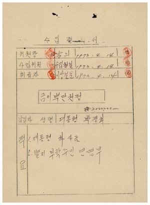 동막마을 대통령하사금 우수마을특별지원- 수입결의서(대통령하사금) 1973.4.14