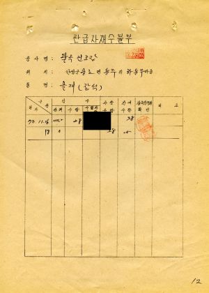 1973년 11월 탈곡건조장사업(하사금) 관급자재수불부 하용두마을